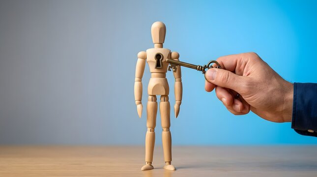 Male hand holding antique key toward standing wooden dummy chest keyhole symbolizing psychology access and unlocking hidden human potential