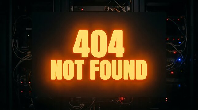 Glowing 404 Not Found error sign on a dark server room computer network background.