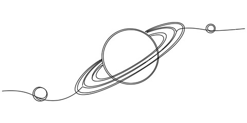 Continuous single line drawing of the planet saturn with rings and small moons in space Vector, illustration © Digital Illustration