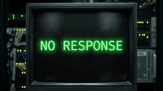 No Response text message displayed on a computer screen in a dark server room.