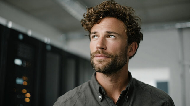 Man portrait beard curly hair thoughtful gaze server room data center casual shirt indoor professional looking upward