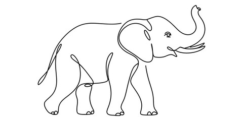 Continuous single line drawing of a cute elephant walking with its trunk up Vector, illustration © Digital Illustration