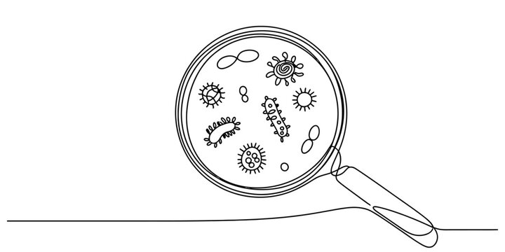 Magnifying glass looking at various dangerous bacteria and viruses under a microscope lens in a continuous single line drawing style Vector, illustration