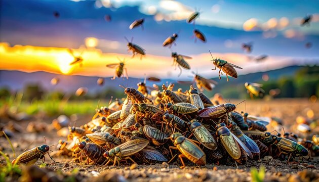 Mass Emergence of Cicadas from the Soil in a Swarming Flight at Sunset