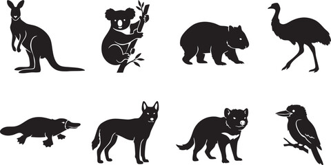 Fototapeta premium Australian wildlife silhouette vector collection isolated on white background.