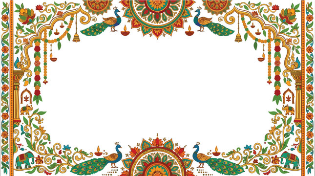 Indian peacock and elephant decorative border with floral motifs and diyas for cultural celebrations