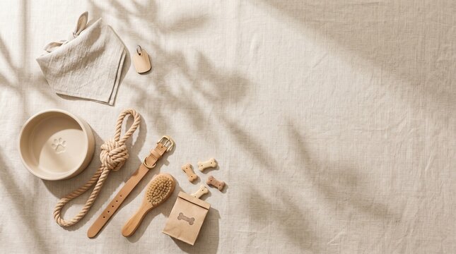 Flat lay of pet accessories on a neutral linen background