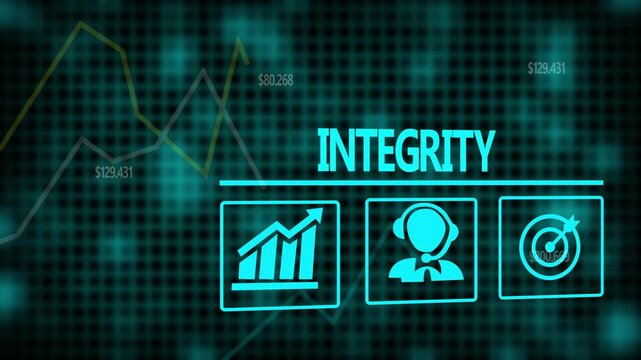 A Integrity business concept on a flashing computer monitor with moving graphs and data.