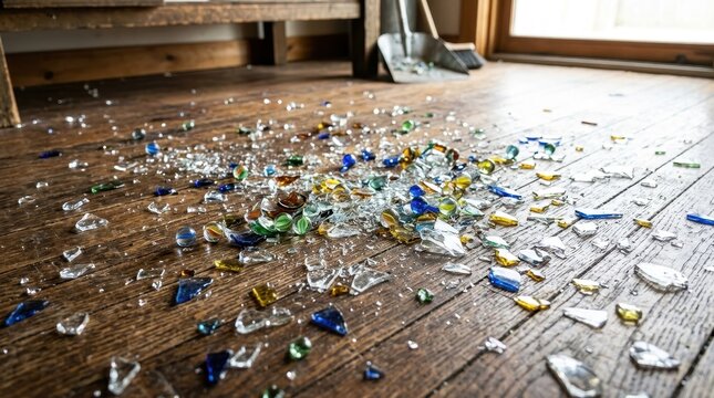 Sharp glass shards scattered across a wooden floor surface