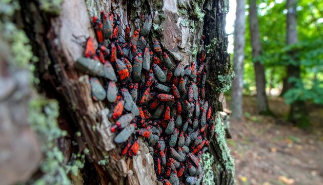 Massive swarm of invasive spotted lanternflies clustered tightly on rough tree bark, a dynamic natural spectacle