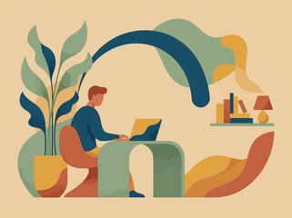 Fototapeta premium Flat vector of a man working on a laptop in a creative home office with abstract decor.