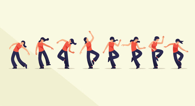 Dynamic dancing woman character animation set, active female dancer performing various rhythmic poses, flat vector illustration of girl in motion