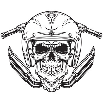 Biker skull wearing motorcycle helmet with handlebars and exhaust pipes vector illustration for apparel and tattoo design