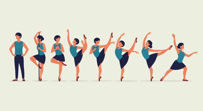Graceful ballet dancer character set, female ballerina performing various dance poses and movements, flat vector illustration of classical dance steps