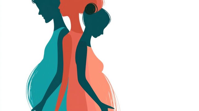 This flat illustration depicts three figures representing intended parents and a surrogate mother in a warm arrangement.