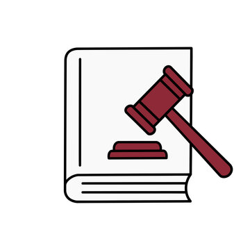 Law book and judge gavel icon, justice and constitution concept, flat vector