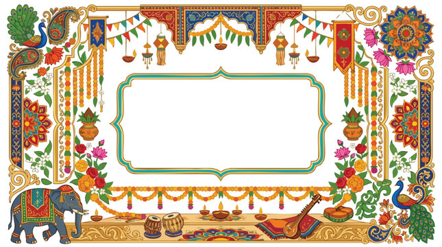 Indian festival decorative border with elephant, peacock, flowers, lanterns, and diya lamps for celebration