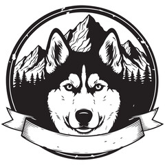 Siberian husky head vector illustration with mountain landscape and blank ribbon banner for outdoor adventure and pet branding © mbg