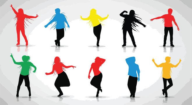 Dynamic dancing silhouettes set, colorful people dancing vector collection, energetic party crowd figures, 10 dancing character icons for event design