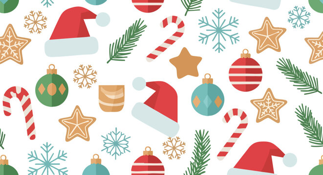 Minimalist Christmas Pattern With Red Santa Hats Snowflakes Gingerbread Cookies Ornaments and Candy Canes on White