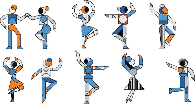 Geometric abstract dancers vector set, minimalist Bauhaus style dancing figures, blue and orange modern art people performing ballet and contemporary dance