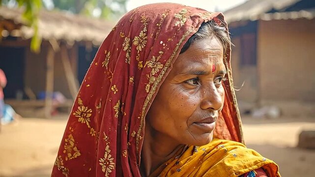 A portrait of a mature woman wearing a traditional head covering