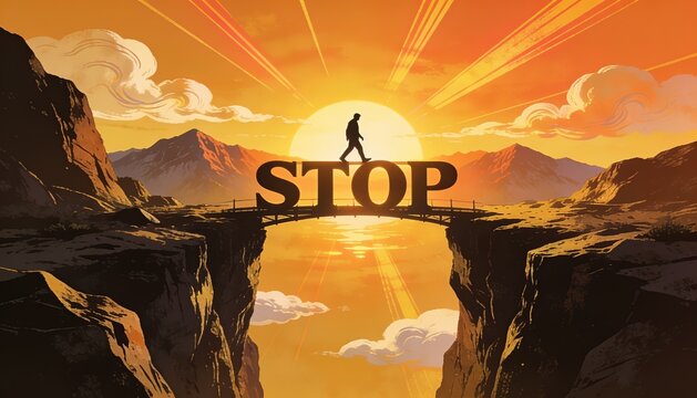Stop and Obstacle Concept with Broken Bridge Over Mountain Canyon