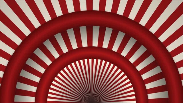 Theatrical carnival stage backdrop with rotating radial rays and concentric layered pipes for vintage entertainment show intro 4k video