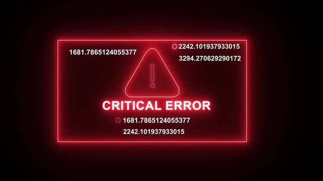 Red neon critical error warning sign with dynamic digital data streams and glitchy system failure notification interface for cybersecurity, software development, and technical troubleshooting projects