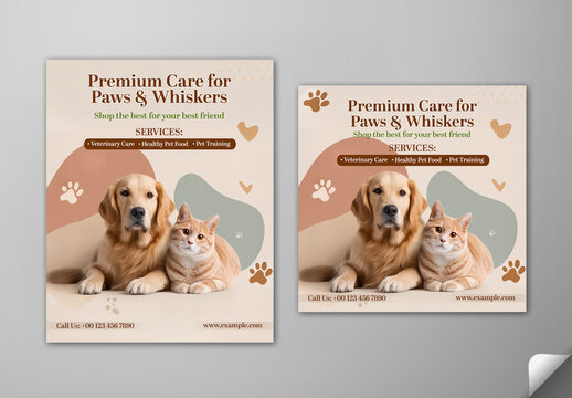 Editable Pet Store and Veterinary Services Promotional Social Media Post Set with Golden Retriever Dog and Cat Photo.
