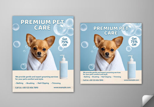 Editable Pet Grooming Service Social Media Post Set with Cute Chihuahua Dog Wrapped in Towel and Pet Shampoo Bottle Photo.
