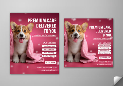Editable Pet Care Services Social Media Post Set with Cute Corgi Puppy Wrapped in Pink Towel, Book Now Button and Placeholder Text.