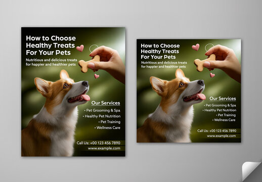 Editable Pet Care Services Social Media Post Set with Corgi Dog Receiving Treat from Hand Photo.