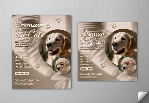 Editable Pet Care Services Promotional Social Media Post Set with Retriever Dog and Puppy Photo.