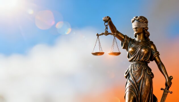Lady Justice Statue with Scales Against Blue Sky