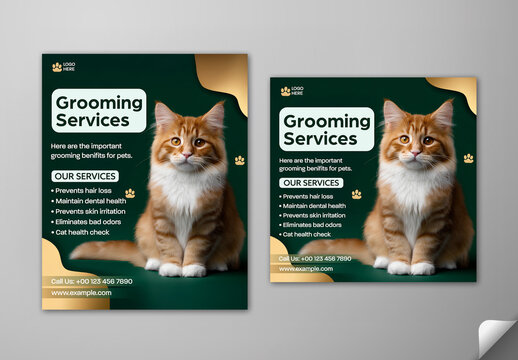 Editable Pet Grooming Services Social Media Post Template Set with Cute Fluffy Cat on Dark Green Background.