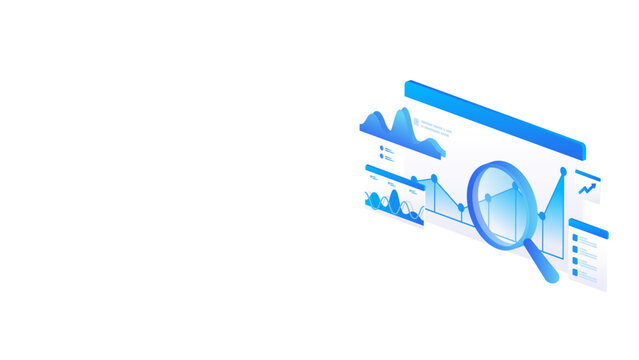 Isometric stock market dashboard data analysis with magnifying glass, charts, and data financial insight in blue digital style.