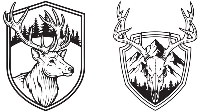 Deer head and skull vector emblems with antlers forest and mountain silhouettes in shield frames for hunting and outdoor apparel design