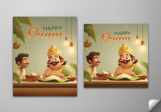 Editable Happy Onam Greeting Card Social Media Post Set with Illustration of King Mahabali and Man Sharing Traditional Sadya Feast on Banana Leaf.