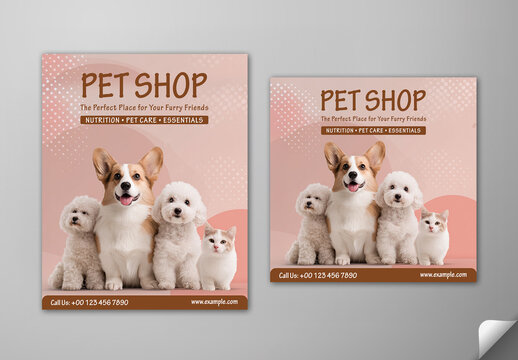 Editable Pet Shop Social Media Post Template Set with Cute Dogs and Cat Photo on Peach Pink Background for Pet Business Branding.