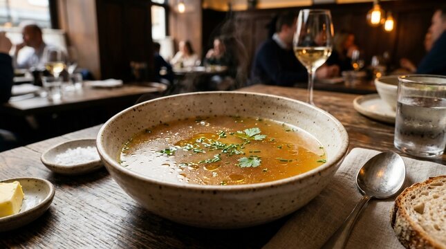 A warm bowl of soup served on a rustic wooden table in a restaurant setting.