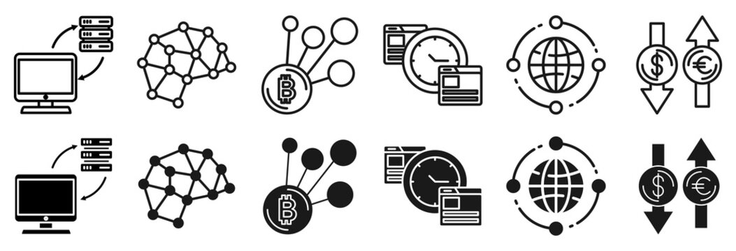 Blockchain icon set. crypto currency and timestamp symbol