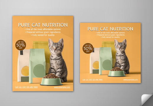 Editable Pet Food Shop Social Media Post Template Set with Fifty Percent Offer for Cat Nutrition.