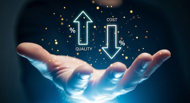 Businessman holding digital interface with increasing quality and decreasing cost