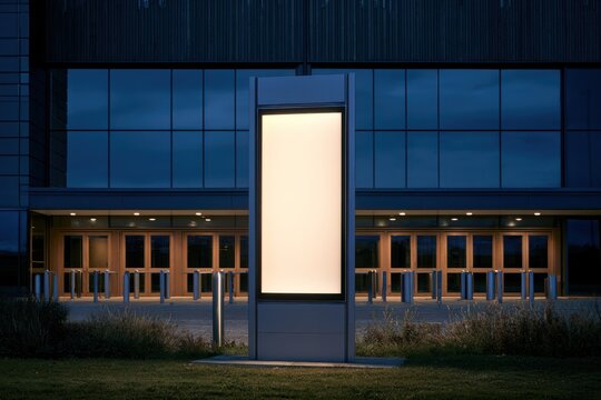 Vertical info totem at a modern venue exterior with a double-sided illuminated poster mockup.