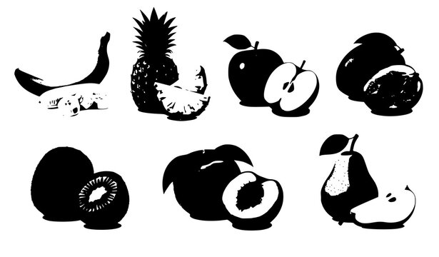 Realistic 3D Sweet Fruit Vector Icons Set with Banana Pineapple Apple Mango Kiwi Peach and Pear