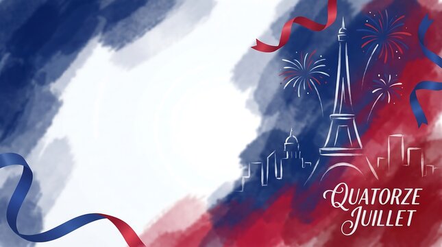 Bastille day celebration background with french flag colors featuring hand drawn paris landmark silhouette and fireworks for national holiday graphic design