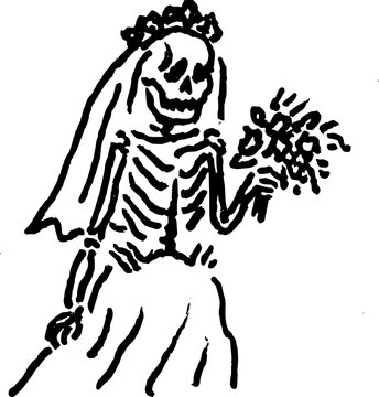 Hand Drawn Skeleton Bride Walking Vector Line Art