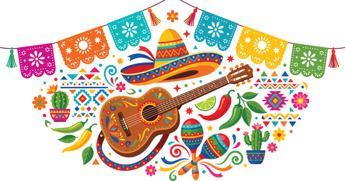 Colorful Mexican fiesta vector composition with cactus, flowers and decorative elements