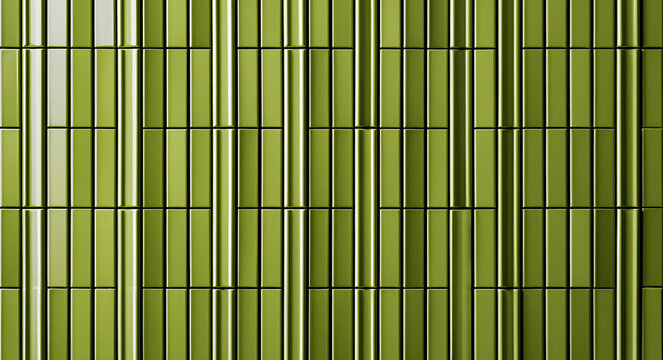 A refined olive green ceramic tile backdrop for walls, featuring a glossy sheen and sleek, vertical rectangles, ideal for enhancing interior design aesthetics.